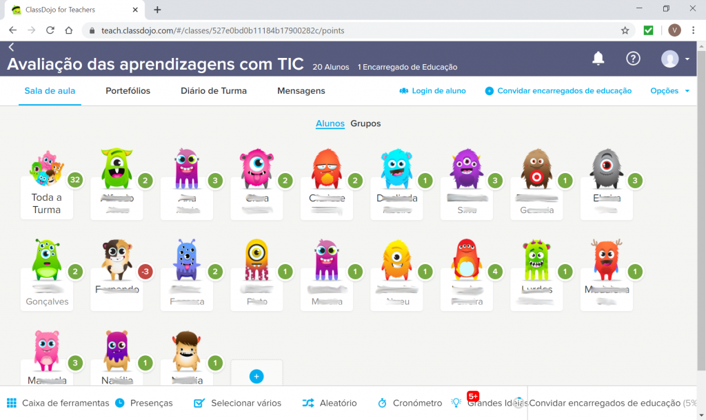 Exemplo de uma turma no ClassDojo